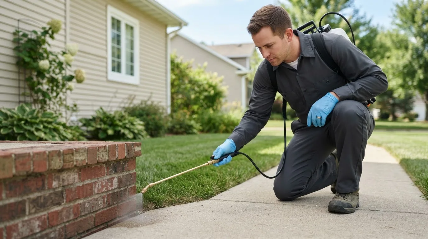 Pest control technician treating a home near Forsyth, MO